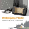 Die Campingbar Genius kann mit Powerbank oder Strom aus der Steckdose oder dem Kfz-Anschluss betrieben werden