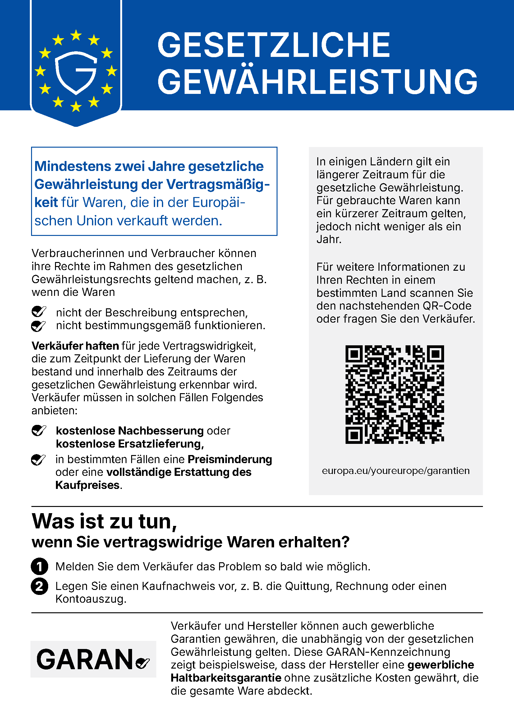 Amtlicher EU-Hinweis zur gesetzlichen Gewährleistung (mindestens zwei Jahre) mit QR-Code zu europa.eu/youreurope/garantien